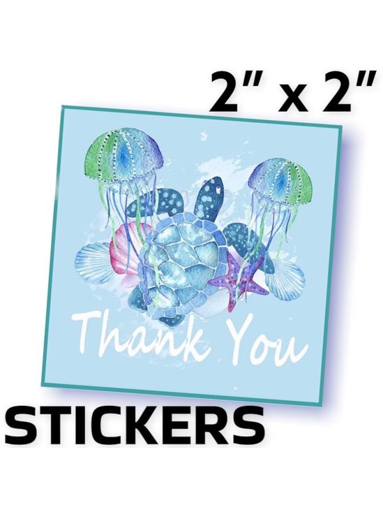 Mailers And More Other - 200 (2x2 Inch) Square Stickers, Sea Turtle & Jellyfish High Gloss, Thank…
